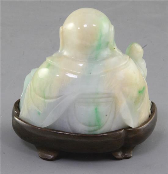 A Chinese jadeite seated figure of Budai, height 6.2cm, wood stand
